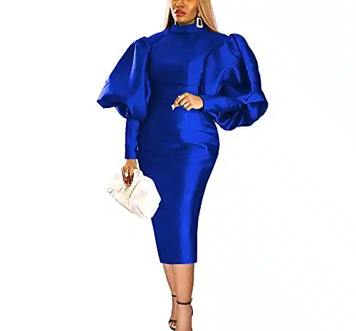 AOMEI Women's Stand Collar Long Lantern Sleeve High Waist Bodycon Maxi Dress (Blue,L)