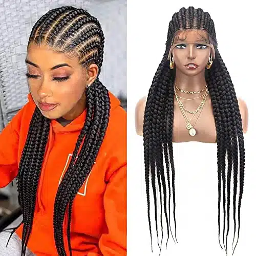 Alebery Full Lace Braided Wigs for Black Women Jumbo Box Braids Lace Front Wig with Baby Hair Lightweight Synthetic Lace Frontal Black Cornrow Twisted Wigs (Black)