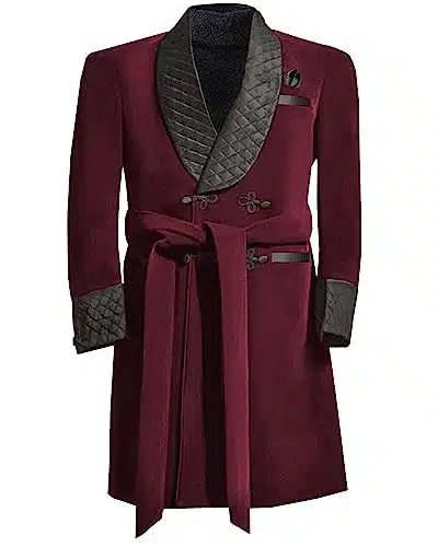 Apornipal Men's Long Velvet Smoking Robe Double Breasted Jacket Blazer with Belt for Dinner Wedding Party (Wine Red,R)