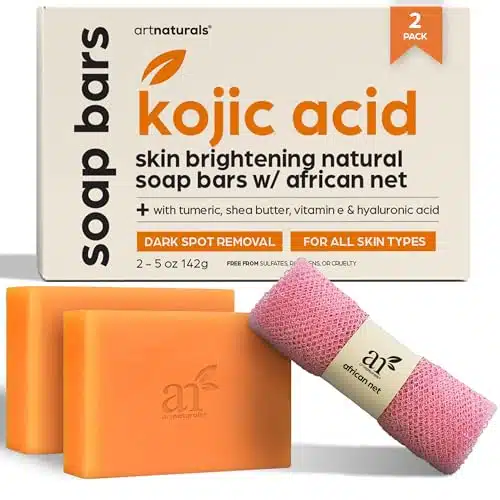 Artnaturals Kojic Acid Soap + African Net Sponge (pack X g Turmeric bars) Dark spot remover, Hyperpigmentation & Scars   Original Japanese Complex Vitamin C, Hyaluronic Acid, 