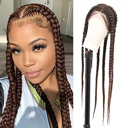 Brinbea Lace Front Box Braided Wigs for Women Brown Braided Wigs with Baby Hair Premium Synthetic Fibers Lace Frontal Braid Hair Wig