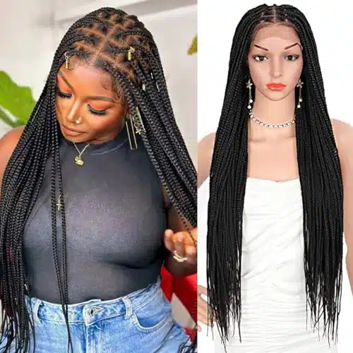 Brinbea inch XHD Lace Front Knotless Box Braided Wigs Black Braided Wig with Baby Hair Synthetic Lace Frontal Box Braid Wigs for Women