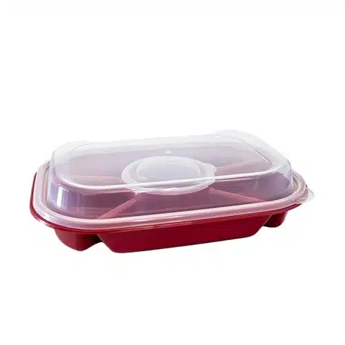 Buddeez Red Jumbo Divided Serving Tray   Includes Bins for Party Platter with Lid, Snackle Box Container, Fruit Tray, Veggie Tray, Chip and Dip Bowl, Appetizers, Desserts, Sna