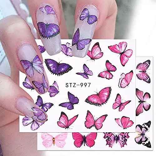 Butterfly Nail Stickers, Spring Summer Nail Art Water Decals Water Transfer Pink Purple Butterfly Nail Water Transfer Sticker Nail Decals Exquisite Design Nail Art Sticker Nai