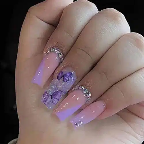 Foccna Purple Fake Nails Sequins Glitter Acrylic Butterfly Artificail Long Press on Rhinestone Nails, Purple Full Cover Fake Nails with Design Nail Tips for Women&Girls PCS