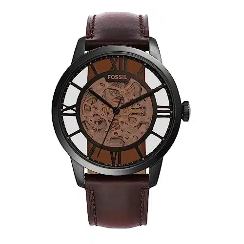 Fossil Men's Townsman Automatic Stainless Steel and Leather Three Hand Skeleton Watch, Color Black, Cognac (Model ME)