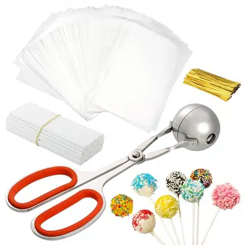 JIANTA Lollipop Cake Pop Treat Bag Set, Meat Baller with Handles + Parcel Bags + Papery Treat Sticks + etallic Twist Ties, Cake Pops Making Tools for Candies, Chocolates and C