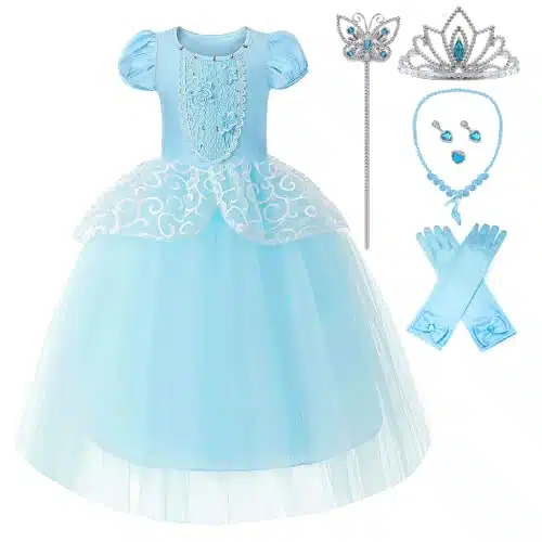 LAUPHIE Princess Costume Cinderella Dresses for Girls Blue Dress Up Clothes Accessories for Toddler Girls Fancy Dress Birthday Party (Years)