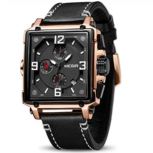 MEGIR Men's Analogue Army Military Chronograph Luminous Quartz Watch with Fashion Leather Strap for Sport & Business Work (RoseBlack)