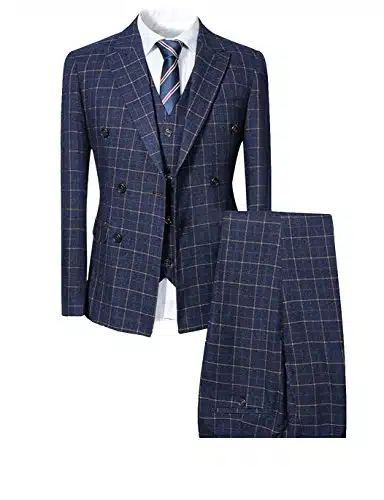 Mens Blue Slim Fit Piece Checked Suits Double Breasted Vintage Fashion (X Large, Navy)