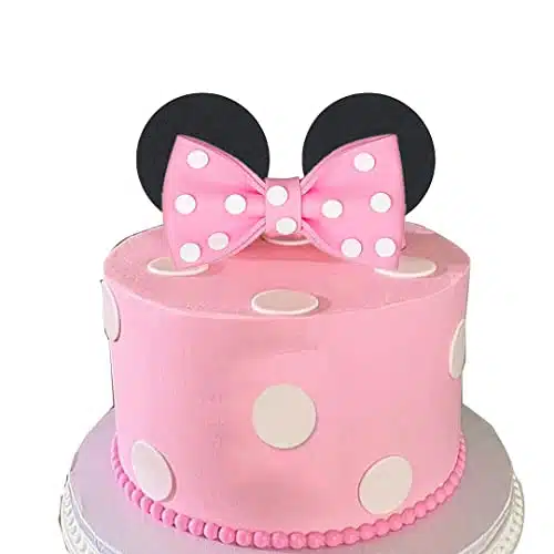 Mouse Cake Topper Pink Bow and Ears Decorations for Baby Girl Birthday (Pink)