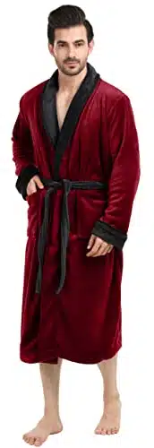 NY Threads Luxurious Mens Shawl Collar Fleece Bath Robe, Spa Robe, Burgundy With Black Contrast, Large X Large