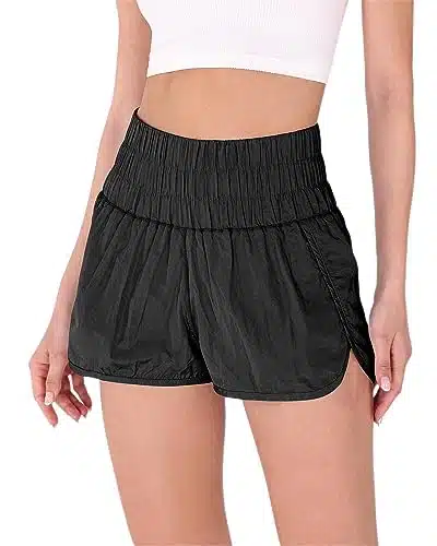 ODODOS Women's Athletic Shorts for Women Elastic High Waisted Quick Dry Crinkle Sports Casual Workout Running Shorts Mesh Back Pocket, Black, Medium