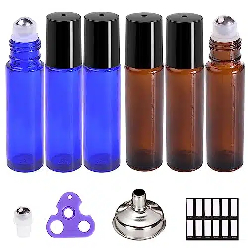 PrettyCare Roller Bottles For Oils ml (Amber Glass and Blue Glass, Pack, Extra Stainless Steel Balls, Labels, Opener, Funnels Essential Oil Roller Bottles, Roller on Bottles