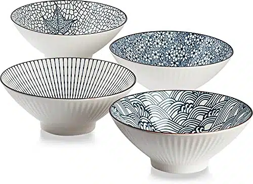 QINLANG oz Japanese Ramen Bowls, Cereal Bowls, Soup Bowls, Pho Bowls, Noodle Bowls, Blue and White Ceramic Bowls Set of , inches