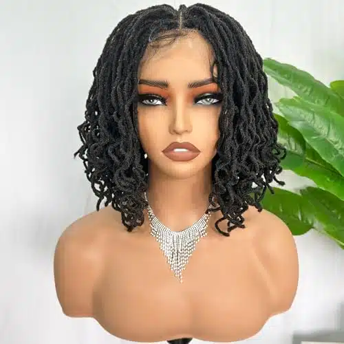 SOKU Short Curly Faux Locs Lace Frontal Wig Inch Natural Black xLarge Parting Space Twist Dreadlock Wigs for Balck Women Afro Curly Braided Synthetic Wig