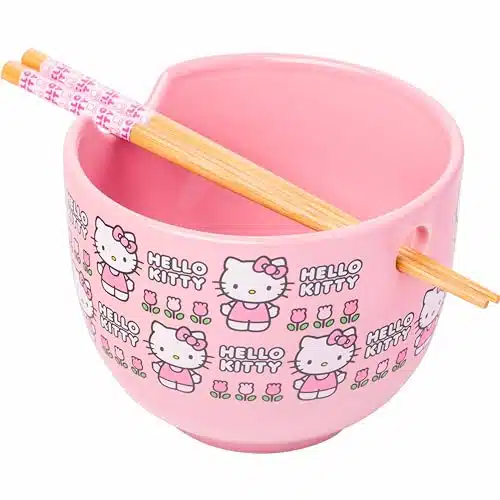 Silver Buffalo Sanrio Hello Kitty Flowers Pattern Ceramic Ramen Noodle Rice Bowl with Chopsticks, Microwave Safe, Ounces