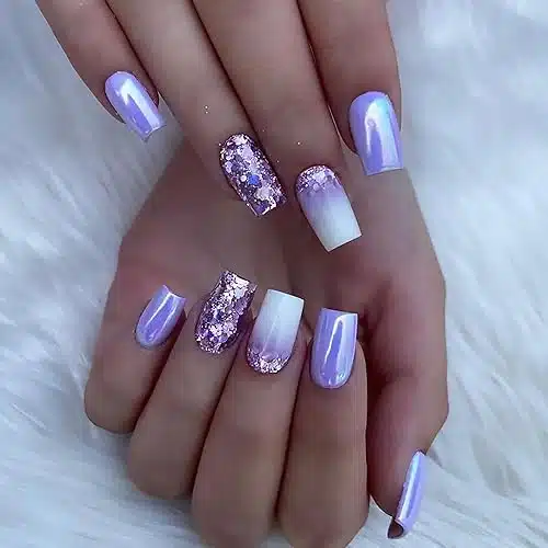 Silver Purple Press on Nails Square Medium Fake Nails With Aurora Designs Full Cover Glitter False Nails Acrylic Stick on Nails Reusable Artificial Nails for Women Glue on Nai