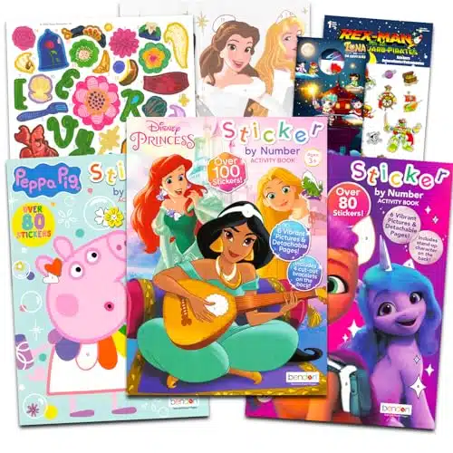 Sticker by Number Books for Girls   Bundle with Sticker by Number Books Featuring Disney Princess, Peppa Pig, and My Little Pony  Sticker Mosaic