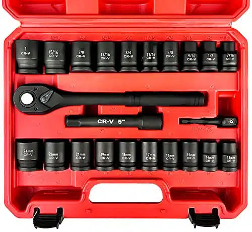 WETT Inch Drive Socket Wrench Set, Piece Impact Socket Sets, Shallow SAEMetric, mm mm, , Teeth Quick Release Ratchet, Adapter and Extension Bar