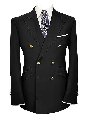 Wemaliyzd Mens Classic Fit Peak Lapel Double Breasted Suit Jacket (Black,R)