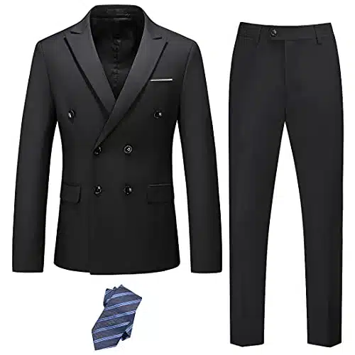 YND Men's Slim Fit Piece Suit, Double Breasted Jacket Pants Set with Tie, Solid Party Wedding Dress Blazer, Tux and Trousers Black