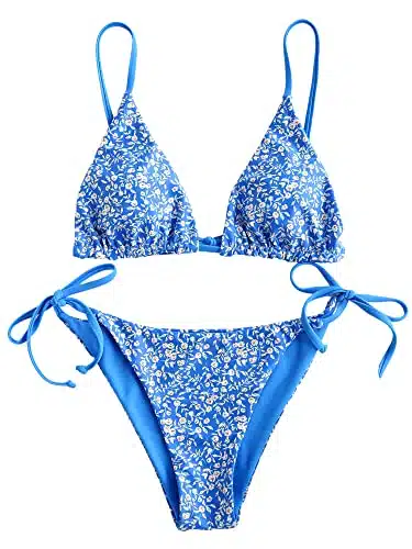 ZAFUL Women's Triangle Bikini Floral String Bikini Set Two Piece Swimsuit Bathing Suits (Ocean Blue, M)