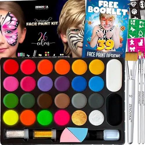 Zenovika Face Painting Kit for Kids   Non Toxic and Hypoallergenic Face Paint Kit with Colors, Stencils, Book, and Professional Halloween Makeup Kit   Safe and Easy to Use Fac