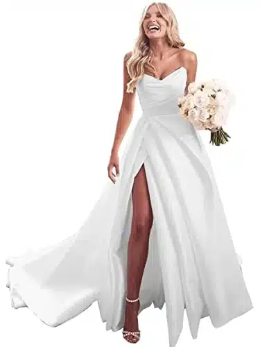 homdor A Line Satin Wedding Dresses for Bride Satin Ball Gowns for Women Formal Strapless Boho Wedding Dress White