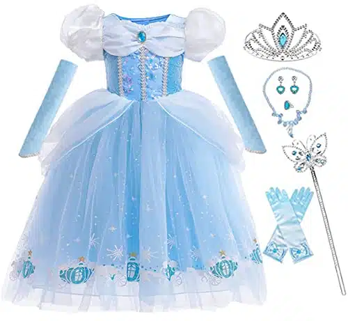 iTVTi Cinderella Princess Dress Girls Halloween Party Cosplay Costume Toddler Puffy Sleeve Blue Fancy Outfit, T (Tag )