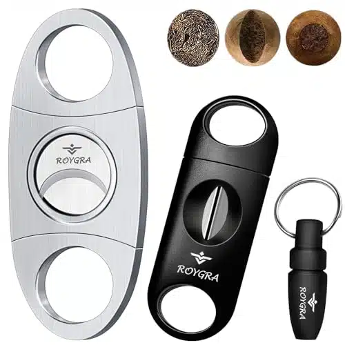 roygra Cigar Cutter Set, Guillotine, Enlarge V Cut Fit All Cigar Sizes, Cigar Punch   Pack (Silver)