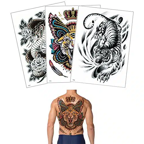 Glaryyears Super Big Full Back Covered Temporary Tattoos, Pack Large Fake Realistic Tattoo Stickers for Adults Men Women, Scary Fierce Tiger Snake Serpent Design