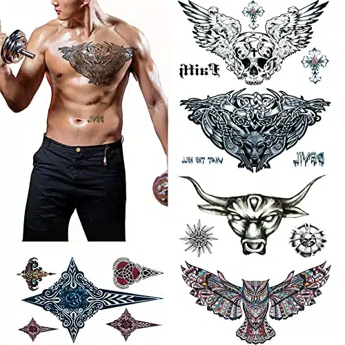 Large Tattoos Fake Temporary Body Art Stickers for Men Women Teens, VIWIEU D Realistic Girls Chest Temporary Tattoos, Sheets, Water Transfer Body Tattoos