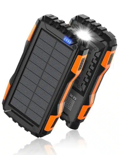 Power Bank Solar Charger   mAh Portable Charger,Solar Power Bank,External Battery Pack VA Qc Fast Charger Built in Super Bright Flashlight (Orange)