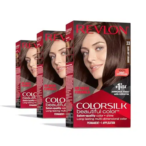 Revlon Permanent Hair Color, Permanent Brown Hair Dye, Colorsilk with % Gray Coverage, Ammonia Free, Keratin and Amino Acids, Brown Shades (Pack of )