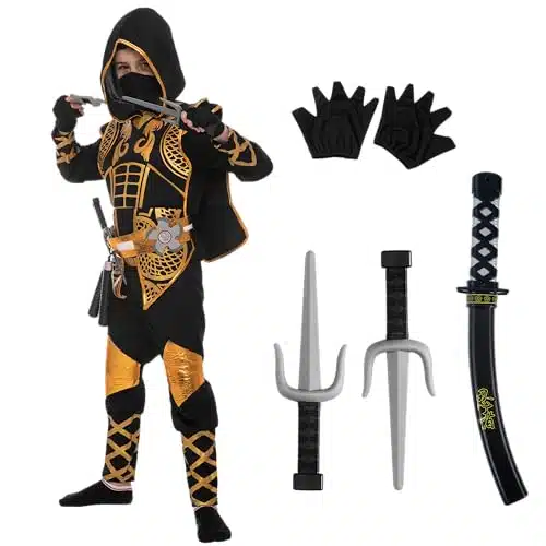 Spooktacular Creations Golden Ninja Deluxe Costume Set with Ninja Foam Accessories Toys for Kids Kung Fu Outfit Halloween Ideas (Medium (yr))