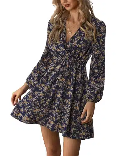 CUPSHE Women's V Neck Ditsy Floral Mini Dress Long Sleeve A Line Dress Surplice Short Dress Multicoloured