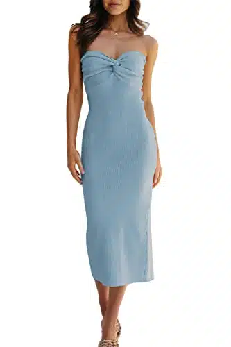 LILLUSORY Women's Light Blue Baby Shower Guest Summer Spring Fashion Knitted Dresses Sexy Trendy Casual Midi Bodycon Maxi Dress with Slit