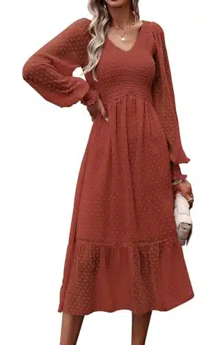 PRETTYGARDEN Long Sleeve Smocked Spring Dresses for Women Ruffle Midi Dress Swiss Dot V Neck Wedding Guest Long Dresses (Brick Red,Small)