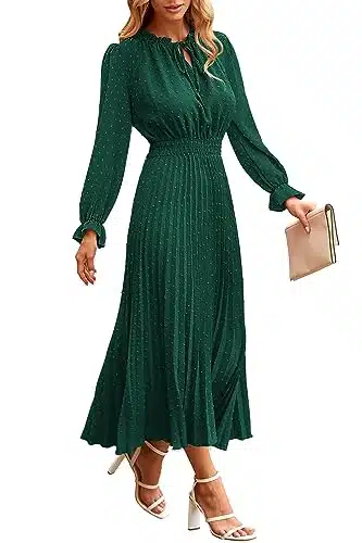 PRETTYGARDEN Women's Fall Midi Dress Casual Long Sleeve V Neck Swiss Dot Pleated A Line Flowy Dresses (Dark Green,Medium)