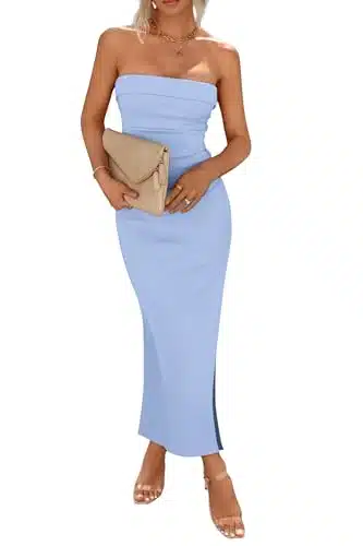 PRETTYGARDEN Women's Summer Bodycon Maxi Tube Dress Ribbed Strapless Side Slit Long Going Out Casual Elegant Party Dresses (Light Blue,Large)