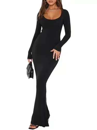 REORIA Womens Sexy Casual Scoop Square Neck Long Sleeve Soft Lounge Long Dress Fall Wedding Guest Elegant Ribbed Bodycon Maxi Dresses Black Medium