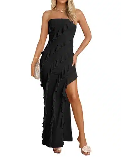 ZESICA Women's Strapless Bodycon Dress Sexy Off Shoulder Mesh Tassel Ruffle Side Split Tube Party Maxi Dresses,Black,Small