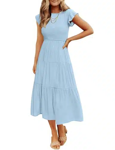 ZESICA Women's Summer Casual Flutter Short Sleeve Crew Neck Smocked Elastic Waist Tiered Midi Dress,Blue,Large